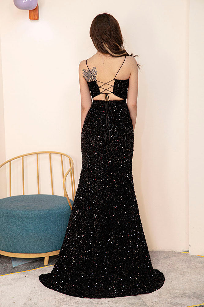 V Neck Black Sequins Prom Dress