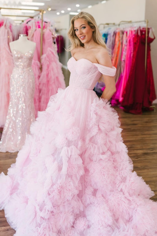 Cute Off-shoulder Pink Popcorn Prom Dress