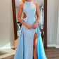 A Line Blue Waist-showing Prom Dress