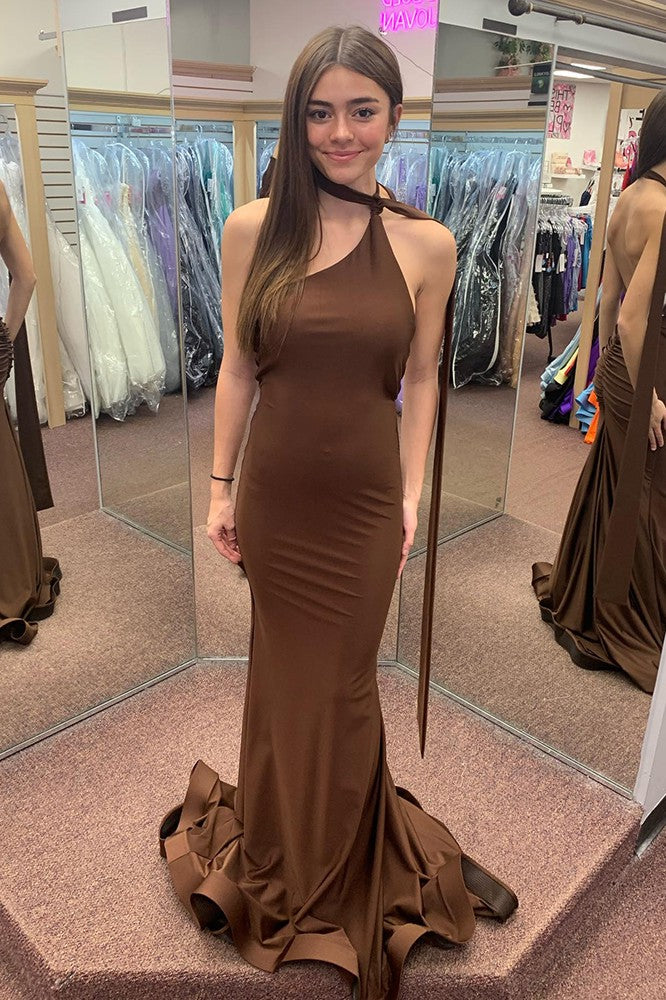 Mermaid One-Shoulder Chocolate Prom Dress