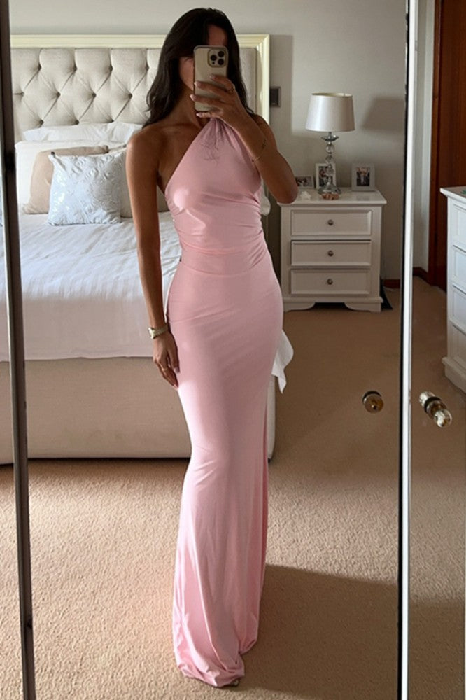 Light Pink One-Shoulder Tight Prom Dress