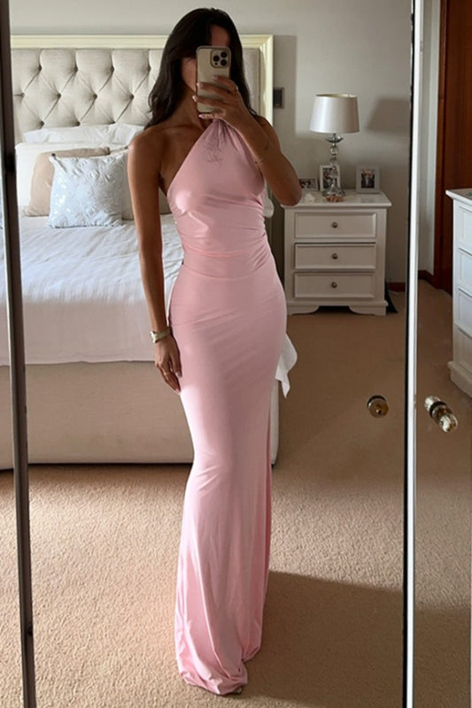 Light Pink One-Shoulder Tight Prom Dress