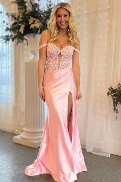 Sexy Pink Off Shoulder Prom Dress With Slit