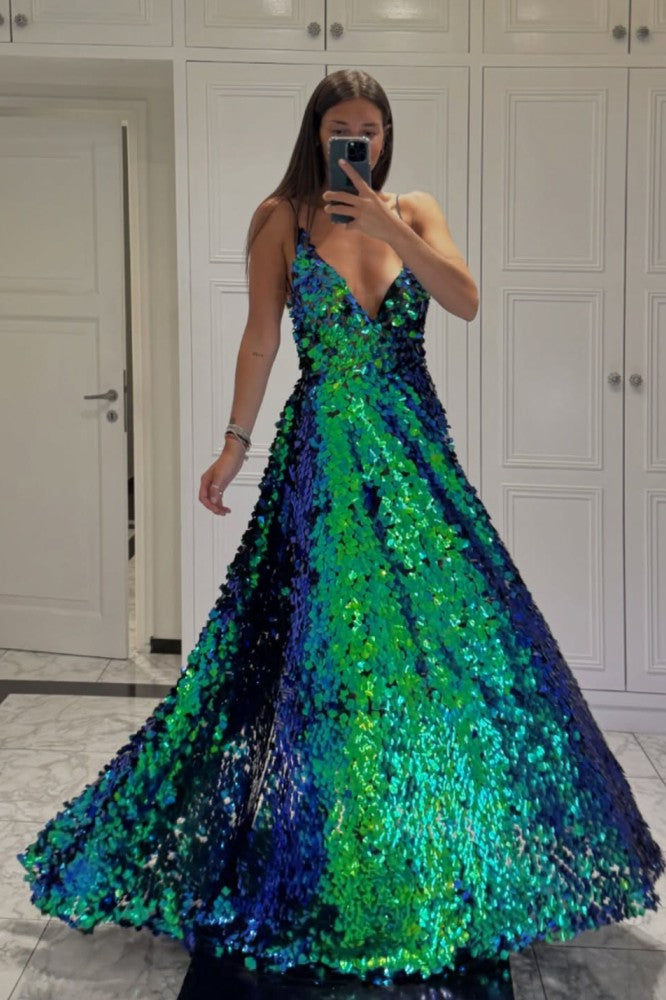 Sexy A line Green Glitter Sequins Prom Dress