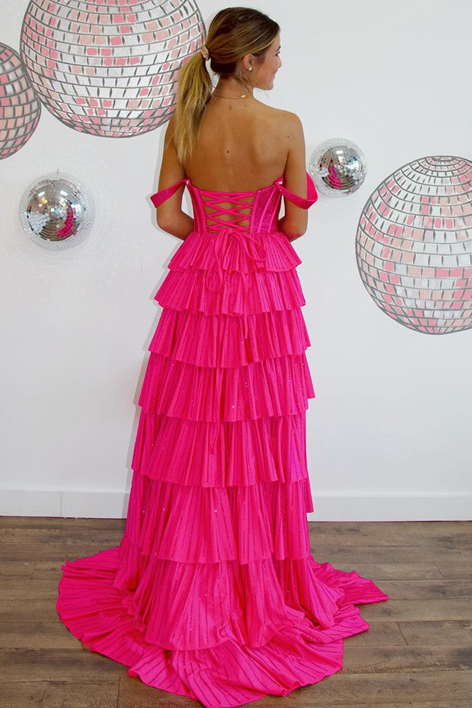 Off shoulder Pink Sweetheart Tiered Prom Dress