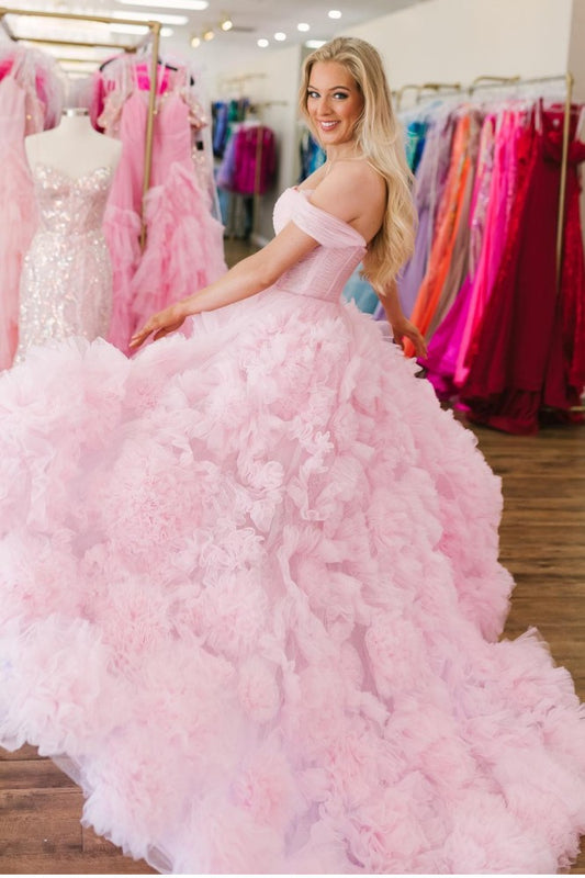 Cute Off-shoulder Pink Popcorn Prom Dress