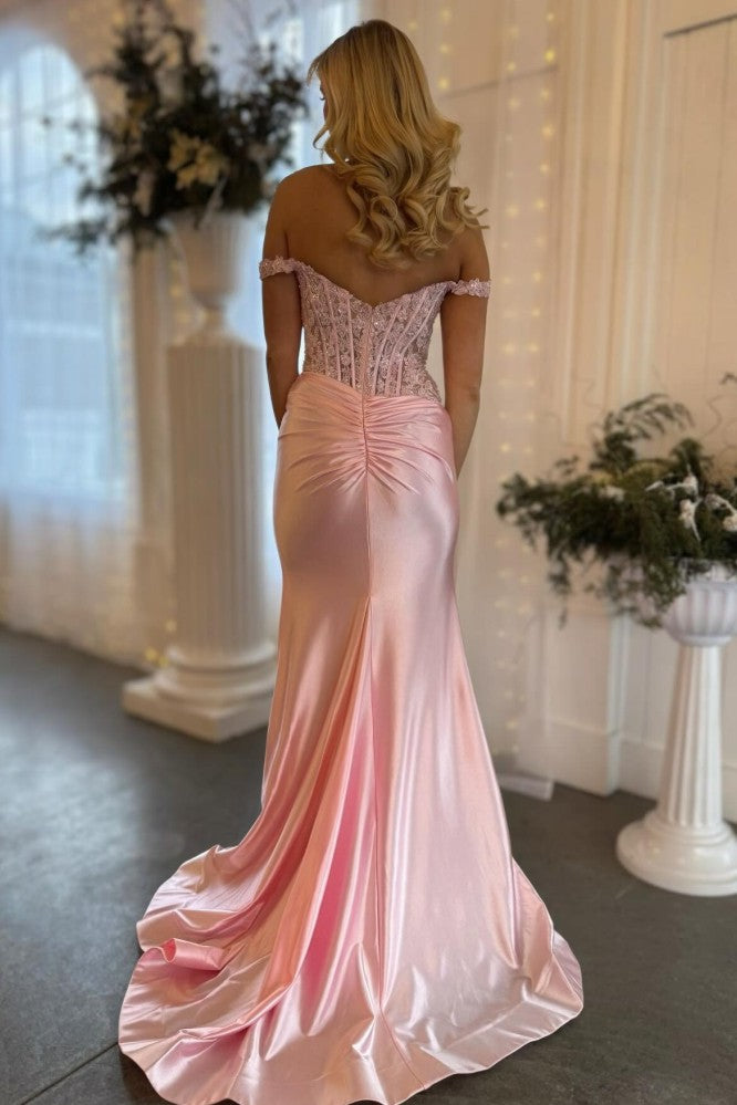 Sexy Pink Off Shoulder Prom Dress With Slit