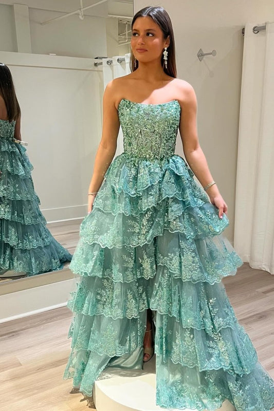 A Line Mint Glitter Ruffles Prom Dress