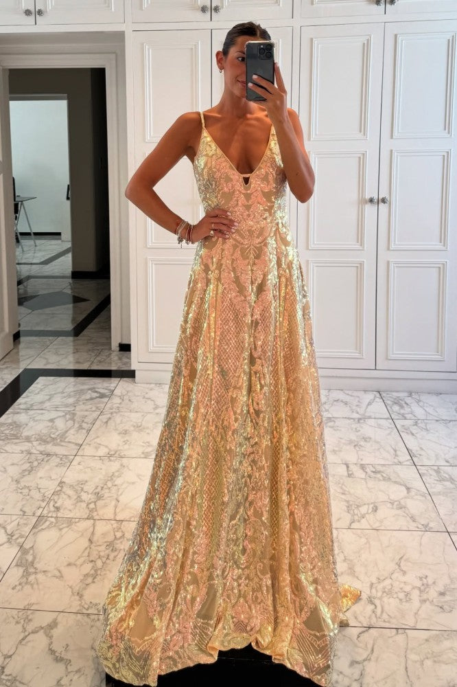 Sexy A line V Neck Champagne Long Prom Dress