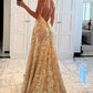 Sexy A line V Neck Champagne Long Prom Dress