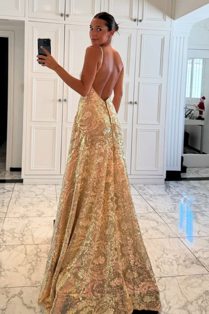 Sexy A line V Neck Champagne Long Prom Dress