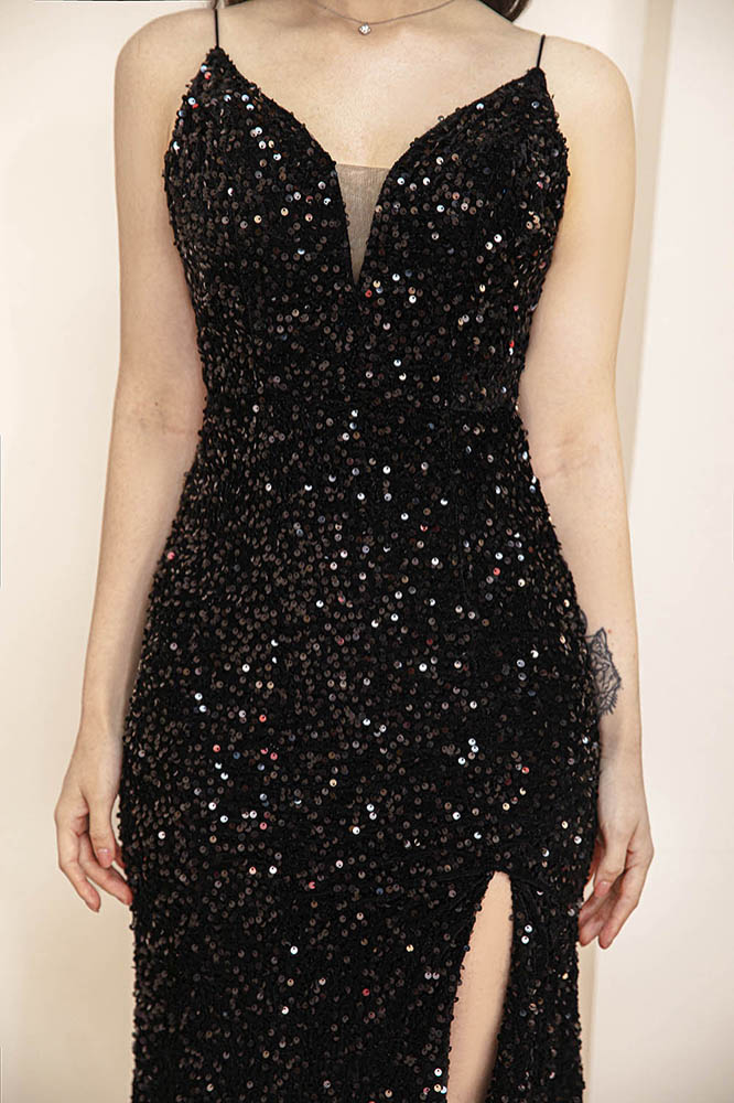 V Neck Black Sequins Prom Dress