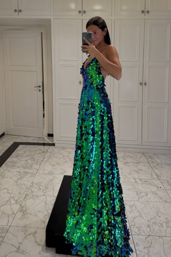 Sexy A line Green Glitter Sequins Prom Dress