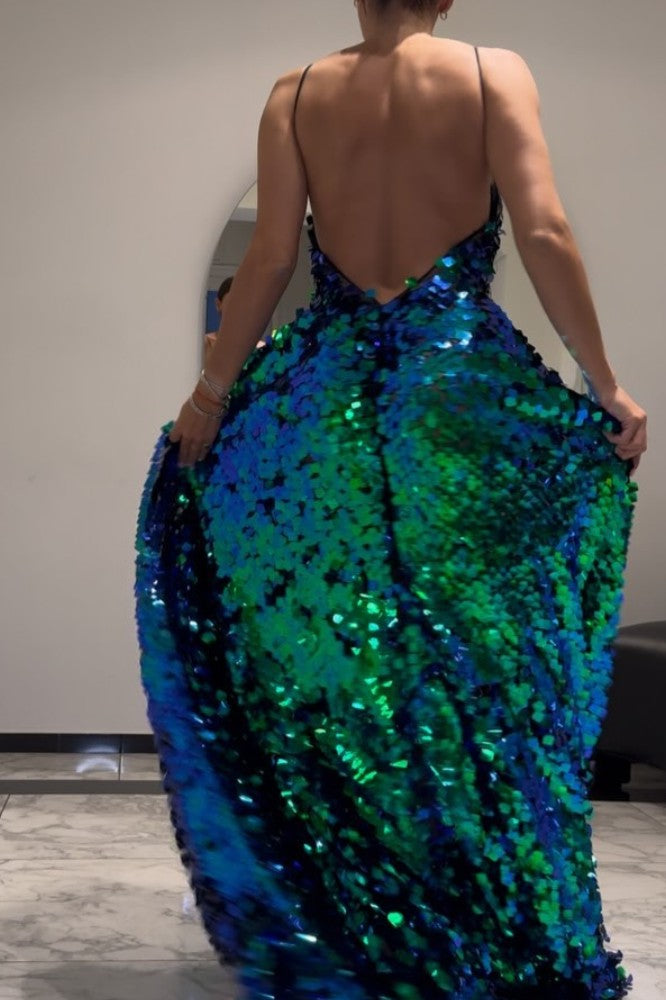 Sexy A line Green Glitter Sequins Prom Dress