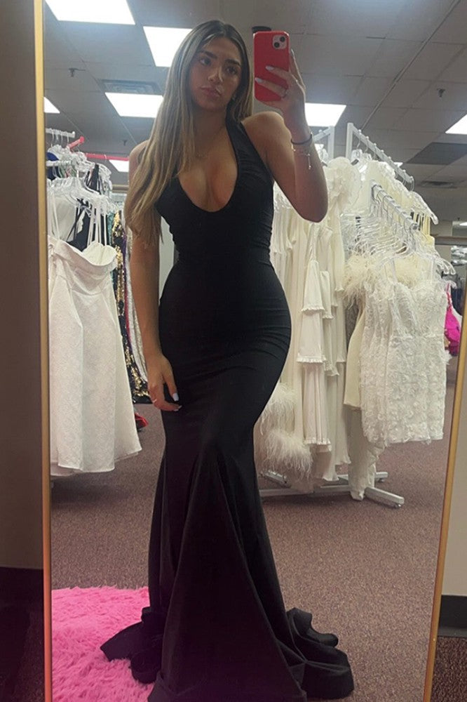 Sexy Mermaid Round Neck Black Prom Dress