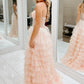 A Line Champagne Tiered Prom Dress