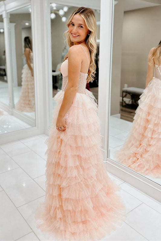 A Line Champagne Tiered Prom Dress