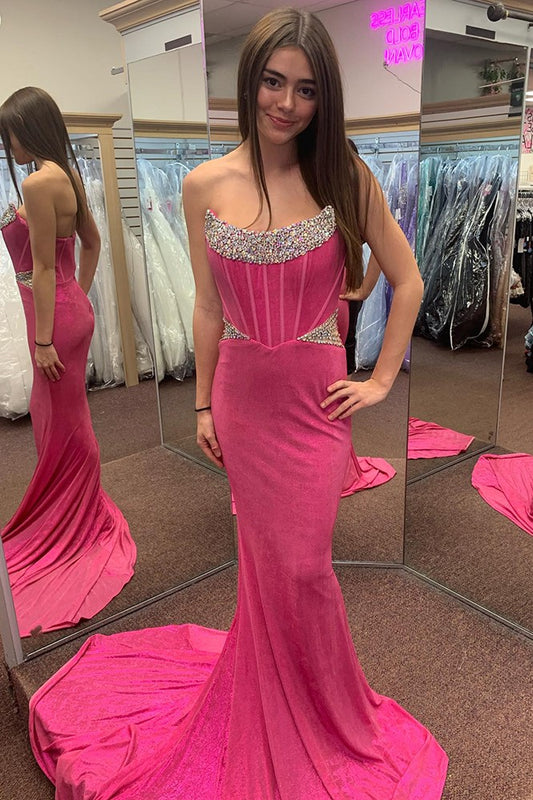 Flared Sexy Pink Beaded Strapless Prom Dress