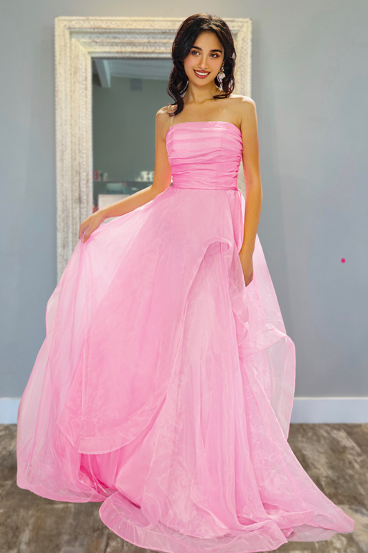 Strapless Pink Tulle Prom Dress