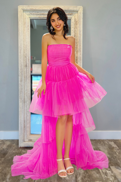 Strapless Pink Tiered Prom Dress