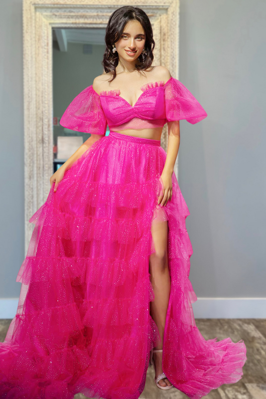 Strapless Two-Piece Hot Pink Tiered Prom Dress