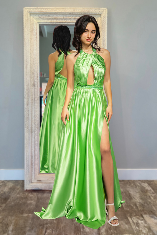 Sexy Halter A Line Green Satin Prom Dress