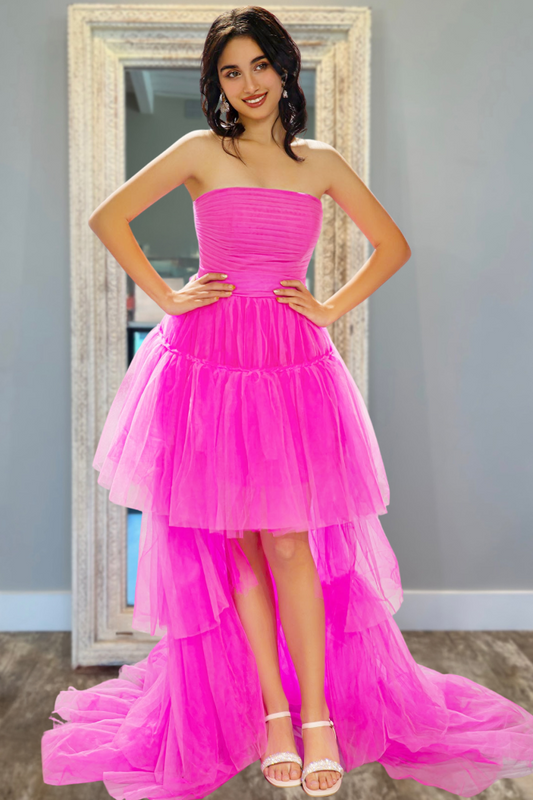 Strapless Pink Tiered Prom Dress