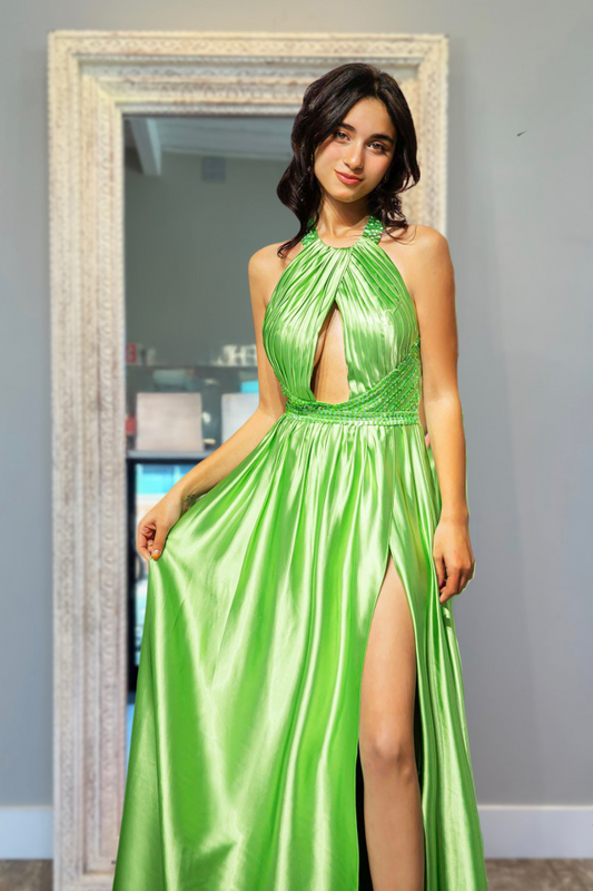 Sexy Halter A Line Green Satin Prom Dress