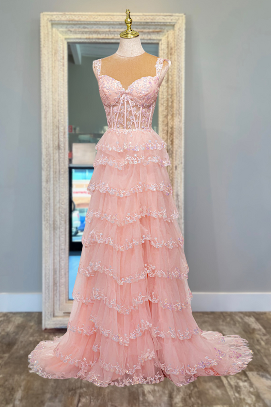 Light Pink Tiered Sweetheart Prom Dress