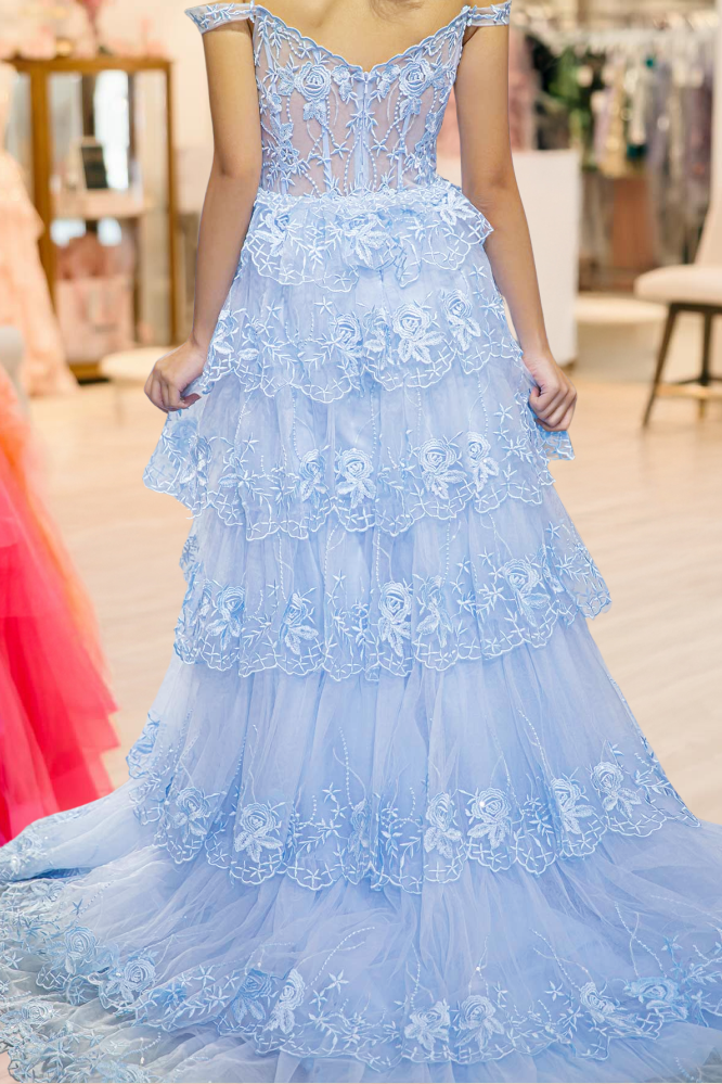 A Line Light Blue Ruffles Prom Dress