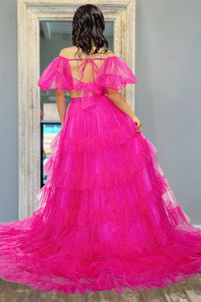 Strapless Two-Piece Hot Pink Tiered Prom Dress