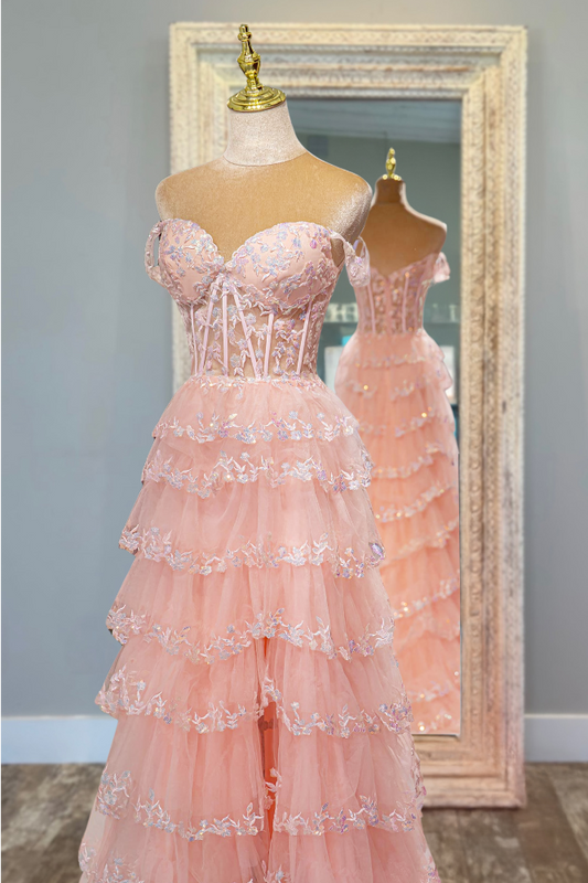 Light Pink Tiered Sweetheart Prom Dress