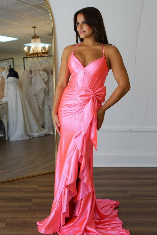 Mermaid V Neck Satin Pink Long Prom Dress