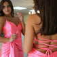 Mermaid V Neck Satin Pink Long Prom Dress